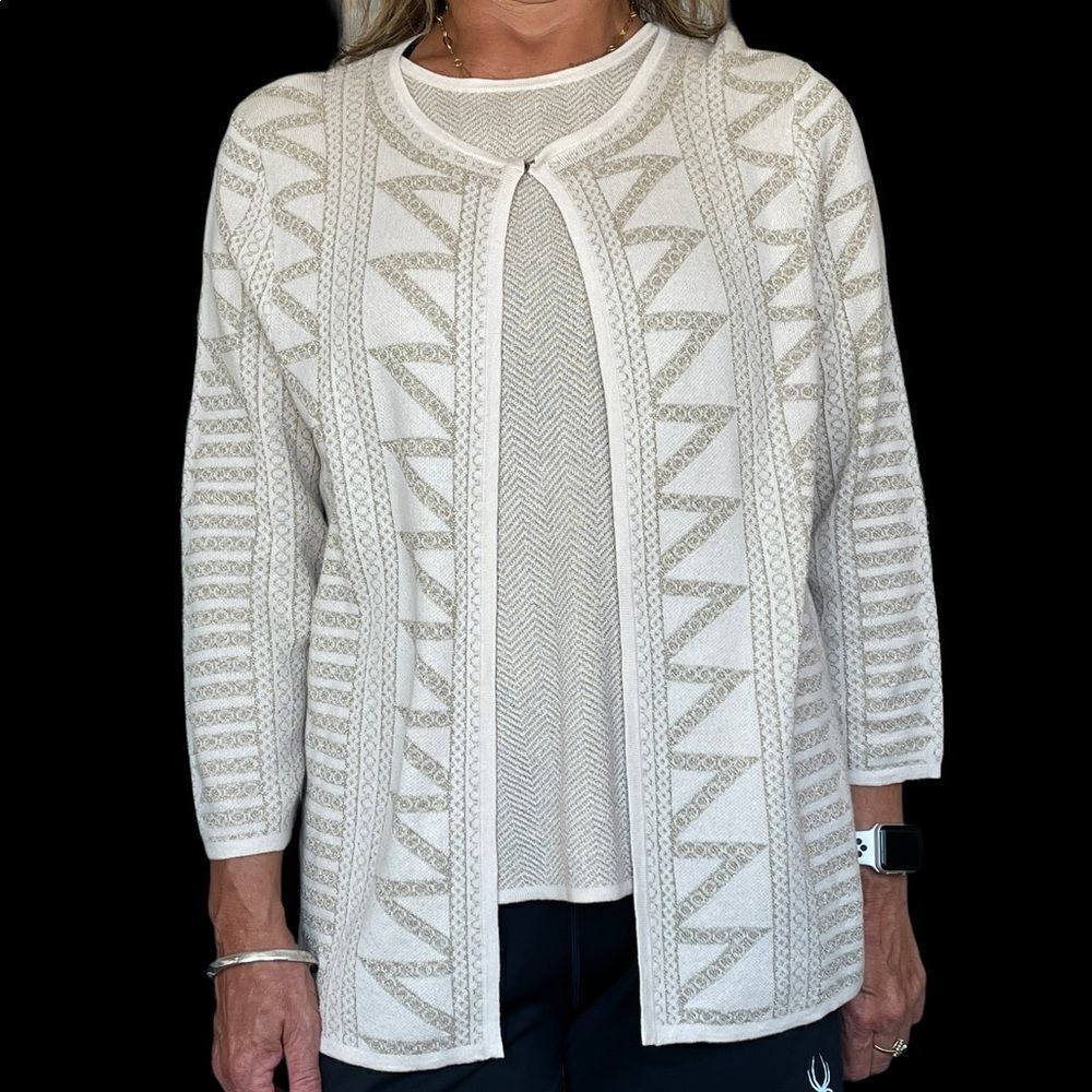 619 - GOLD AND CREAM‎ GEOMETRIC CROPPED SLEEVE SWEATER CARDIGAN